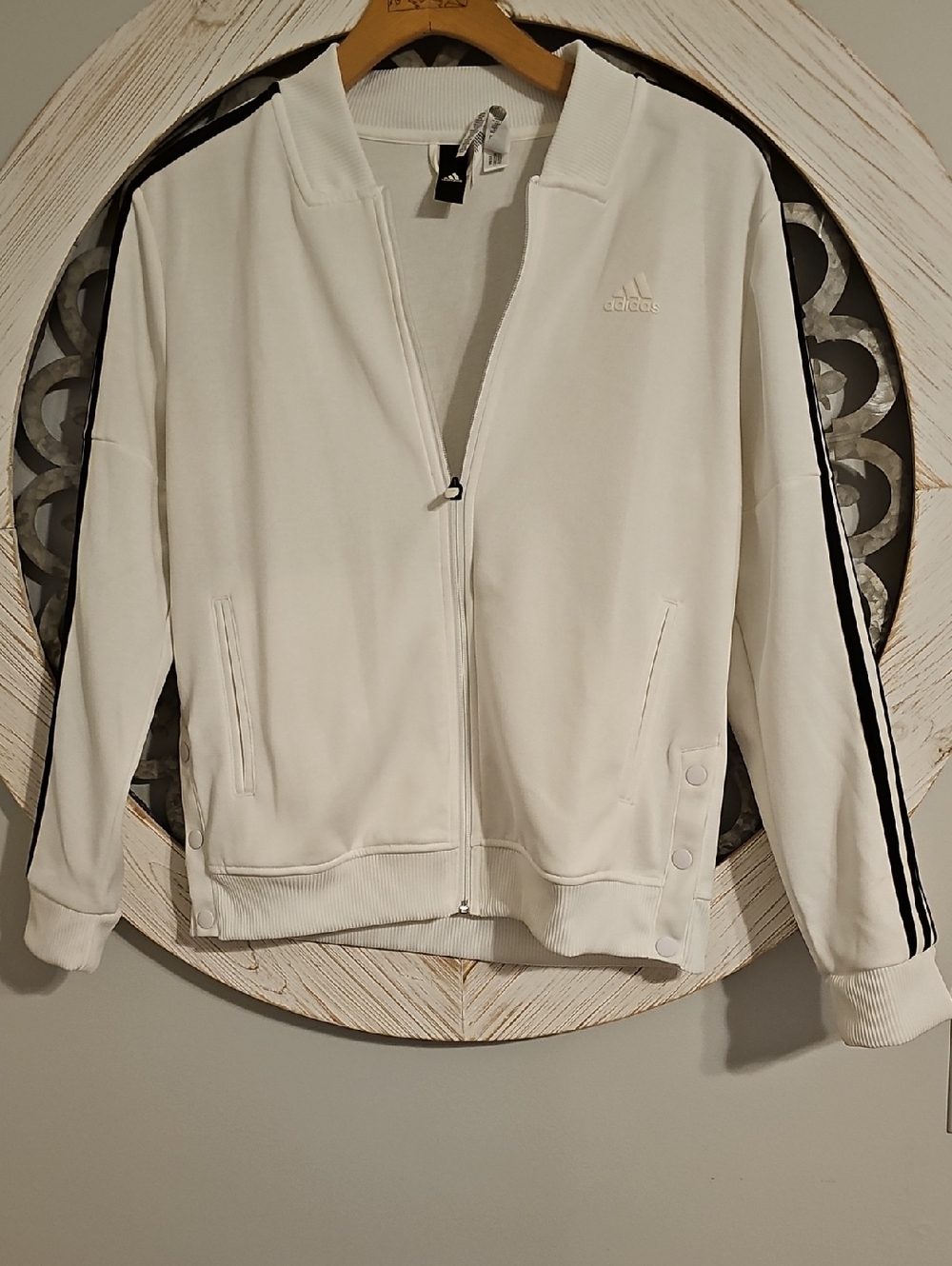 adidas Women's White Bomber Jacket with Black Stripes